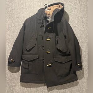 Old Navy Vtg Wool Blend Duffle Coat Mens XL Black Toggle Sherpa Hooded Heavy